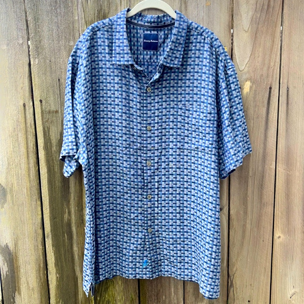 Tommy Bahama Men’s Blue Geometrical Silk Hawaiian Camp Shirt Sz 2X